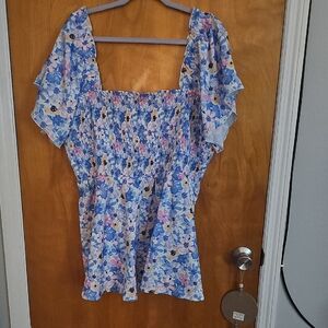 SHEIN Blue Floral Smocked Blouse
